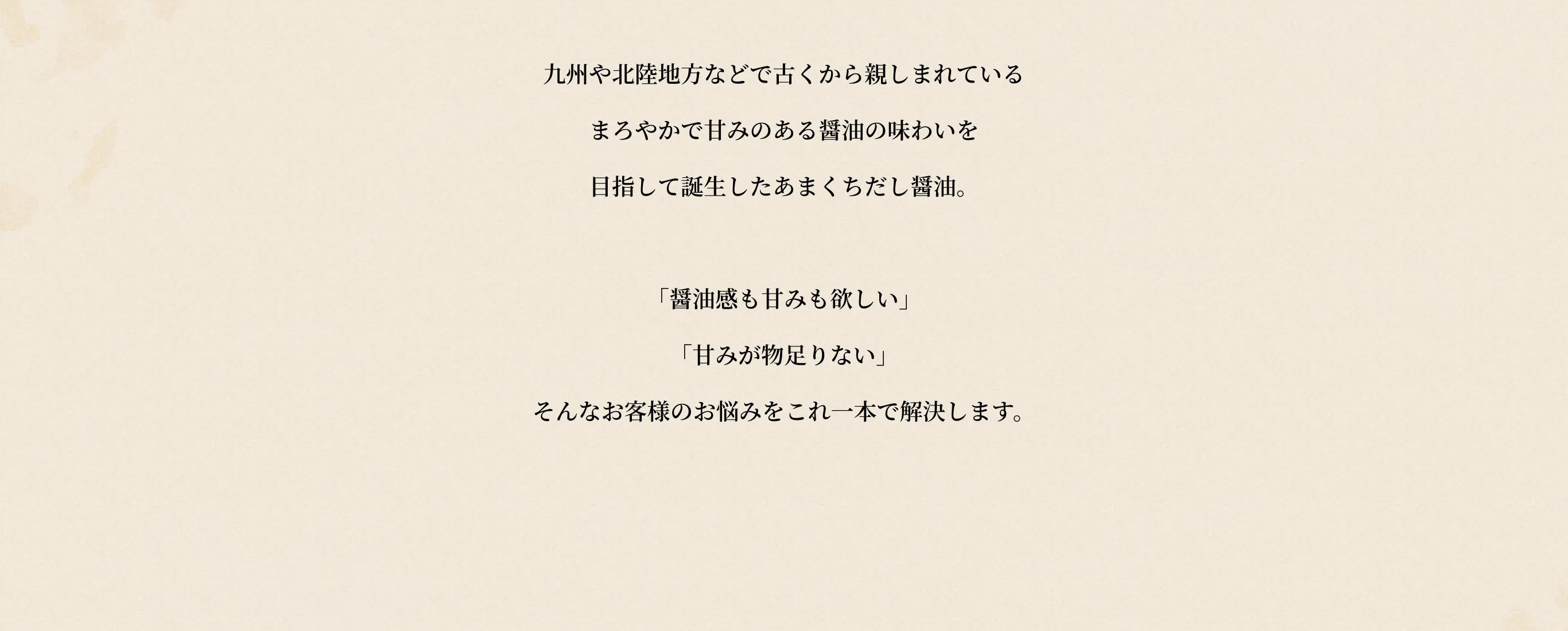 九州や北陸地方などで古くから親しまれているまろやかで甘みのある醤油の味わいを目指して誕生したあまくちだし醤油。「醤油感も甘みも欲しい」「甘みが物足りない」そんなお客様のお悩みをこれ一本で解決します。