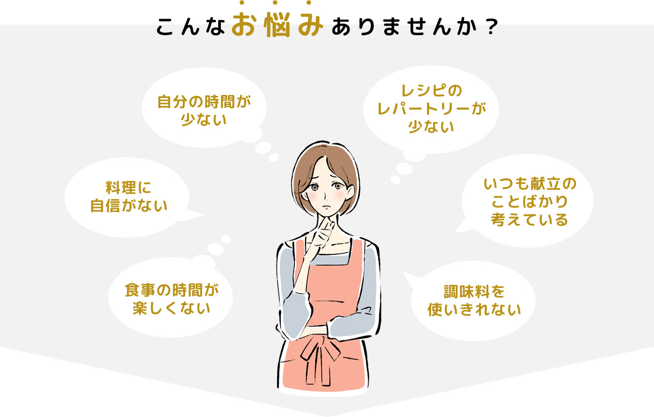 こんなお悩みありませんか？自分の時間が少ない 料理に自信がない 食事の時間が楽しくない 調味料を使いきれない いつも献立のことばかり考えている レシピのレパートリーが少ない