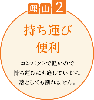 理由2 コンパクトで軽いので持ち運びにも適しています。落としても割れません。