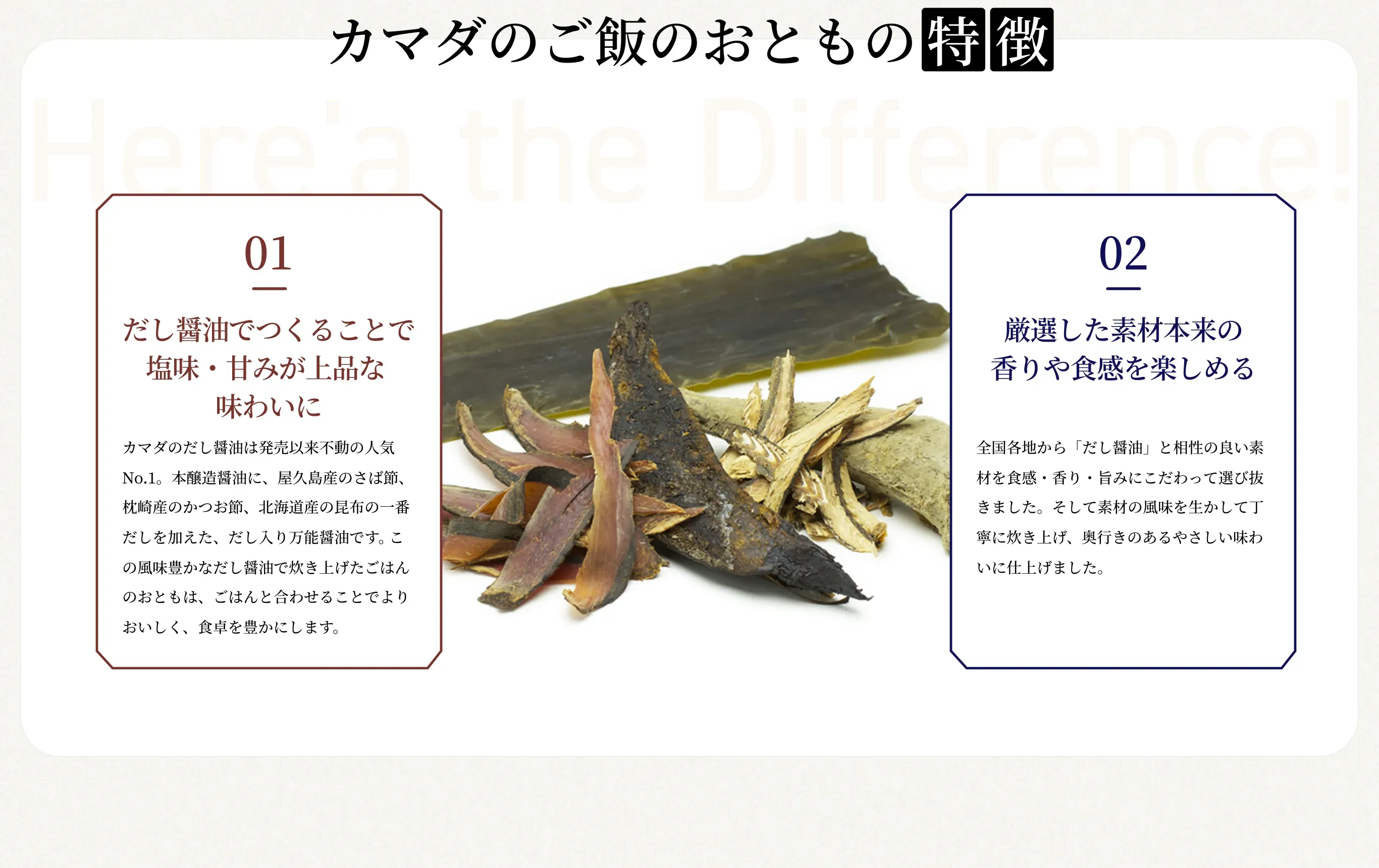 カマダのご飯のおともの特徴:01.だし醤油でつくることで塩味・甘みが上品な味わいに。カマダのだし醤油は発売以来不動の人気No.1。本醸造醤油に、屋久島産のさば節、枕崎産のかつお節、北海道産の昆布の一番だしを加えた、だし入り万能醤油です。この風味豊かなだし醤油で炊き上げたごはんのおともは、ごはんと合わせることでよりおいしく、食卓を豊かにします。/02.厳選した素材本来の香りや食感を楽しめる。全国各地から「だし醤油」と相性の良い素材を食感・香り・旨みにこだわって選び抜きました。そして素材の風味を生かして丁寧に炊き上げたことで、奥行きのあるやさしい味わいをお楽しみいただけます。