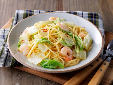白菜とエビのパスタ